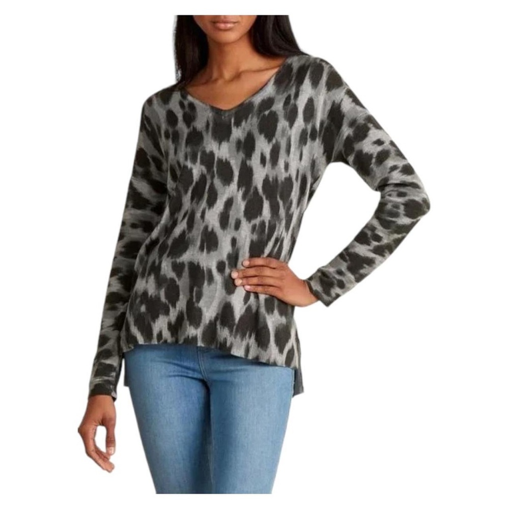 Magaschoni‎ Gray Black Leopard Print V-Neck Cashmere Blend Pullover Sweater